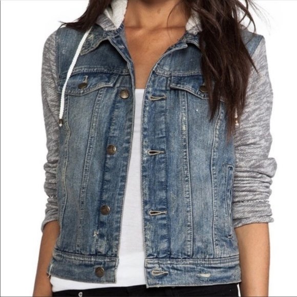 Free People Jackets & Blazers - Free People Distressed Denim Gray Knit Sleeves and Hoodie Jacket Med